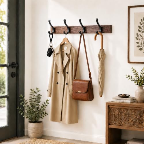 17 Inch Black Walnut Wood Wall Mounted Coat Rack with 4 Black Double Hooks, Adhesive Mounted Entryway Hooks, Modern Natural Wooden Pegs for Hanging Coat Clothes Hat Bag Purse Key and Towel - color: Coat Rack with 4 Double Hooks