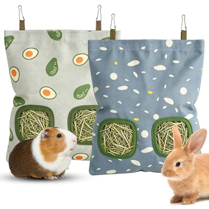 Rabbit Hay Bag 2 Pack - 2 Holes Hanging Bunny Hay Feeder Holder | Guinea Pig Hay Feeder with Metal Hooks, Oxford Cloth Feeding Bag Storage for Chinchillas and Small Animals (Blue Gray) - color: Blue Gray