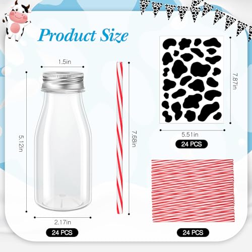 SiliFine 24 Set 7 oz Mini Milk Bottles with Straws Lids, Cow Print Stickers