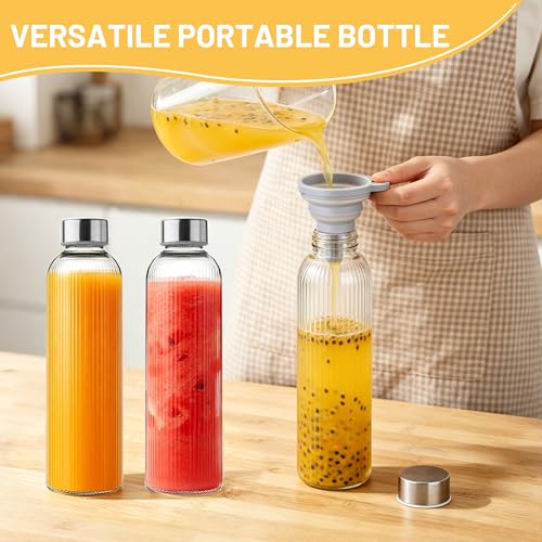 Ribbed Glass Water Bottles with Lids, 18 oz Reusable Juice Bottles with Stainless Steel Lid, 100% Leak Proof, BPA Free, Juicing Beverage Storage Containers for Refrigerator(Set of 6) - color: 6 PACK