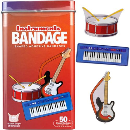 BioSwiss Bandages, Musical Instruments Shaped Self Adhesive Bandage Set, Latex Free, Sterile Wound Care, 50 Count - color: Musical Instruments, size: 50-Count Tin