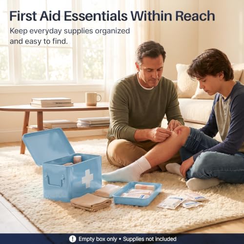 Flexzion Large Metal First Aid Box Empty, 13-Inch, Blue with White Cross - color: Blue, size: 13 Inch without Latch Lock
