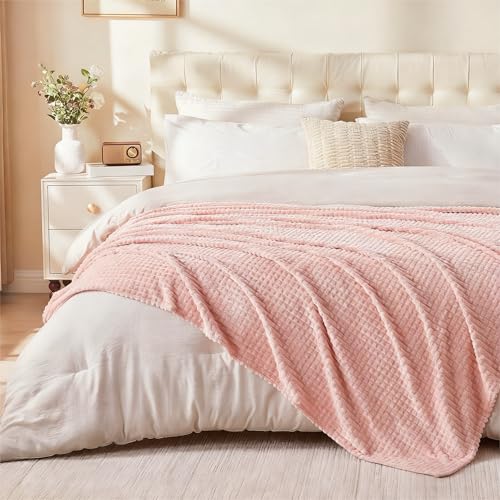 EMME Fleece Blanket, 3D Jacquard Throw Blanket for Couch and Bed, Soft Cozy and Fluffy Blankets Lightweight Luxury Flannel with Geometric Grid Design (Pink, 80" x 90") - color: 16-grid-baby Pink, size: Queen
