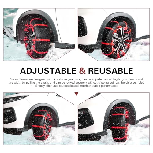 10 PCS Snow Chains for Car Tires, 35.4" Adjustable Traction Grip Tire Cables, Multi-groove Snow & Mud Chains with Serrated, Suitable for Most Cars, SUVs, Off-road Vehicles (Red)