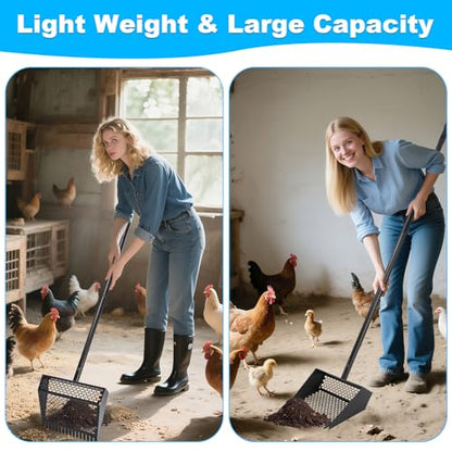 2-in-1 Coop Scoop(24" to 68"), Chicken Poop Scooper with Grip & Rake, Chicken Coop Accessories for Pet Waste Cleaning, Adjustable Stainless Steel Sand Sifting Litter Shovel for Chicken Coop