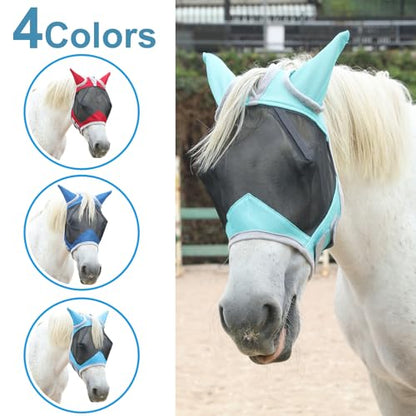 Horse Fly Mask with Ears, Breathable Fine Mesh Turquoise Cob - color: Turquoise, size: Cob
