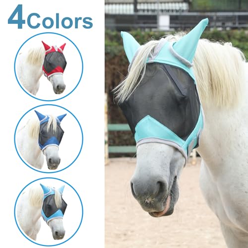 Horse Fly Mask with Ears, Breathable Fine Mesh Turquoise Full - color: Turquoise, size: Full