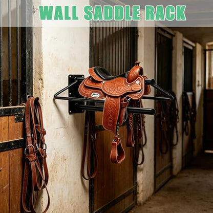 Youlina 4 Pack Wall Mounted Saddle Rack with Pad Bar, Heavy Duty Black Horse Saddle Stand for English & Western Saddles, Sturdy Storage for Saddle Pads & Blankets