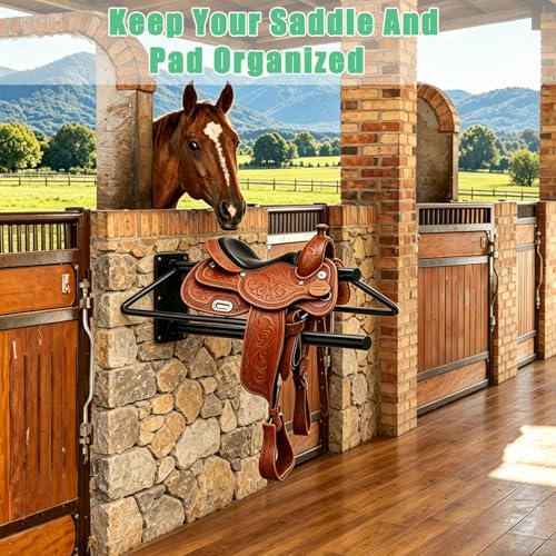 Youlina 4 Pack Wall Mounted Saddle Rack with Pad Bar, Heavy Duty Black Horse Saddle Stand for English & Western Saddles, Sturdy Storage for Saddle Pads & Blankets