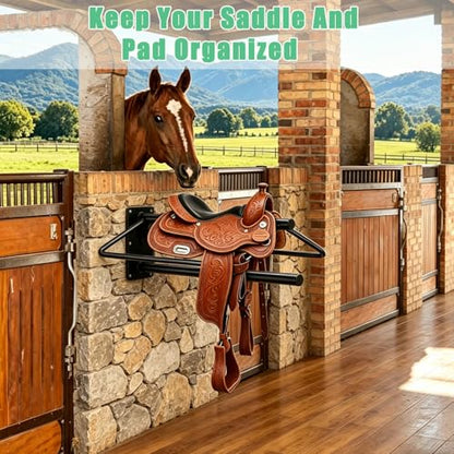 Youlina 4 Pack Wall Mounted Saddle Rack with Pad Bar, Heavy Duty Black Horse Saddle Stand for English & Western Saddles, Sturdy Storage for Saddle Pads & Blankets