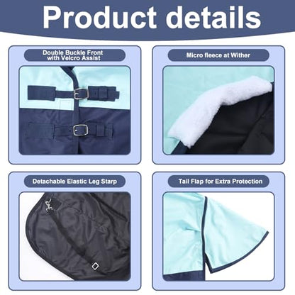 600D Horse Blanket, 0g No-Fill Waterproof Turnout Rain Sheet - color: Turquoise/Navy, size: 72"