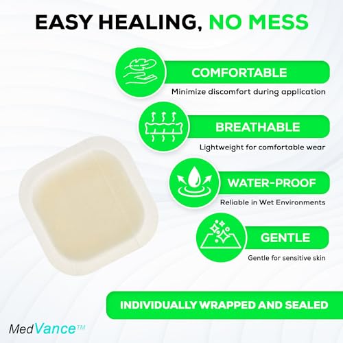Medvance Absorbent Bordered Hydrocolloid Large Wound Dressing - Waterproof Skin-Friendly Adhesive Pads - Easy Apply Large Bandage - Wound Care & Dressings for Cuts,& More (2"x2" Bandage) (Box of 15)