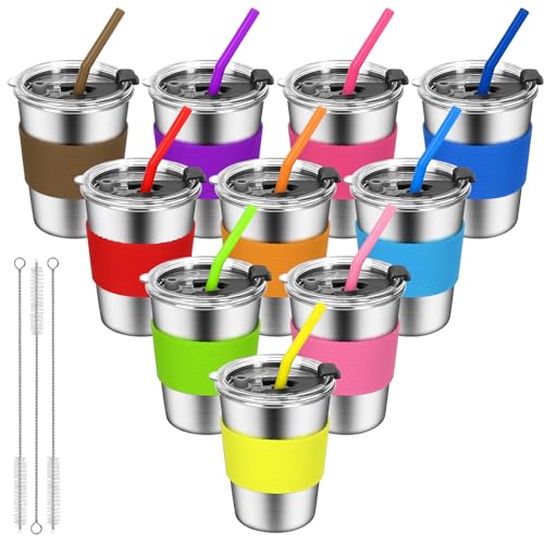 ShineMe Toddler Cups With Straws Spill Proof, 12oz Reusable Stainless Steel Cups with Straws, Lids, and Colorful Silicone Sleeves, Unbreakable Kids Cups for Milk, Water, Snacks...(10pack) - color: brown/purple/rose/blue/red/orange/azure/green/pink/yellow