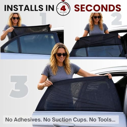 L/Car Window Shades for Baby, 8 Sizes/2-Pack. Stretch-to-Fit Up to H:18"× W:40" Side Rear Windows. Full-Coverage Mesh, Sun & Heat Block. Bug Screen for Car Camping. 96.25% UV Protection | Qualizzi® - size: L - Rectangular