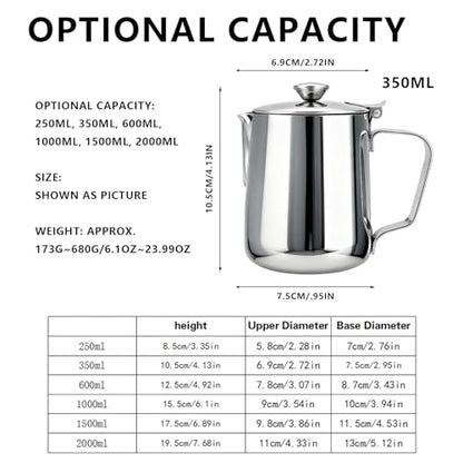Stainless Steel Milk Frothing Pitcher with Lid 350ml, Coffee Frother Cup for Espresso Cappuccino Latte Hot Chocolate, Dripless Pour Spout Ergonomic Handle for Home Office Cafe Kitchen