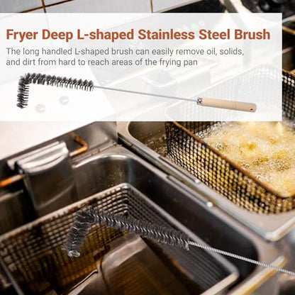 4 PCS Fryer Cleaning Tools with Deep Fryer Stainless Steel L-Shaped Brush, Deep Fryer Crumb Scoop, Deep Fryer Cleanout Rod, Long Handle Deep Basket Brush for Restaurants, Air Fryers, Deep Fat Fryers - color: 4pcs Stainless Steel Brush