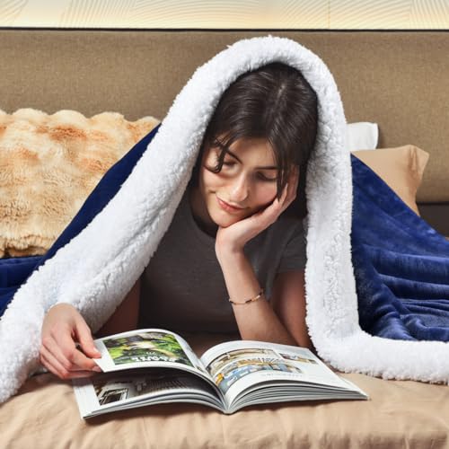 KAWAHOME Sherpa Fleece Queen Size Blanket for Bed, Extra Warm Heavy Thick - color: Navy Blue, size: Queen ( 90" X 90" )
