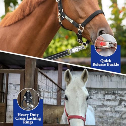 Duty Cross Ties for Horses, Heavy Nylon Cross-Tie Set Adjustable Nylon Horse Trailer Ties with Panic Snap and Bull Snap (45"-79"), Set with 2 Pack Tie Rings & 8 Matching Screws (Black)
