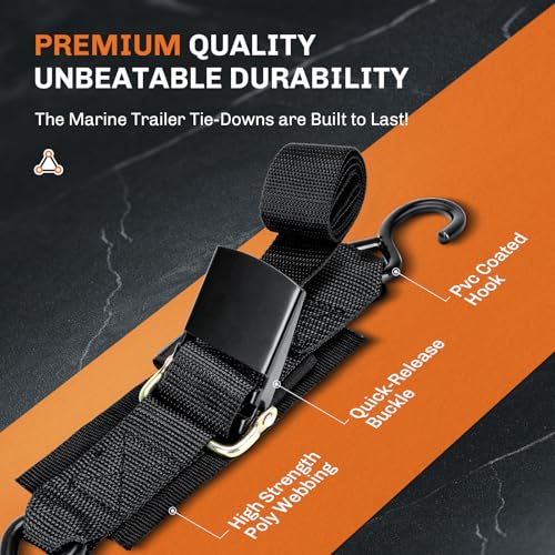 WELLUCK Boat Trailer Transom Tie Downs Straps 1200 LBS, 2" x 4' Adjustable Boat Buckle Transom Tie Downs to Trailer, Marine, Jet ski, Pontoon, with Quick Release Buckle & Anti-Scratch Hooks - color: Black
