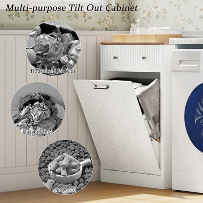 10 Gallon Tilt Out Trash Can Cabinet with Drawer, Hidden Trash Bin Storage & Laundry Hamper Cabinet, Pet Proof Trash Can Holder for Kitchen, Laundry Room & Bathroom, White - color: White