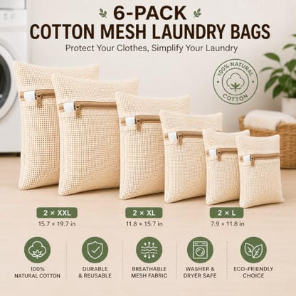 6-Pack Laundry Bags, Durable Cotton Mesh with Sturdy Zipper, Breathable Mesh Fabric, Ideal for Washing Underwear, Pants, Shoes, Socks and Delicate Garments - color: Beige, size: 19.6"L x 15.7"W x 0.2"H