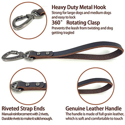 Genuine Leather Short Dog Lead, Strong Traffic Pet Leads with Heavy Duty Metal Hook, Handmade Short Dog Leashes for Big Large Medium Dogs Training and Walking (Classic Style)