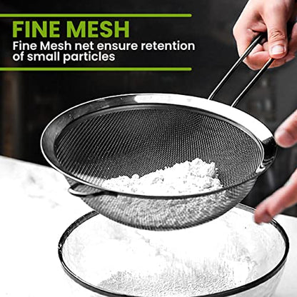 Set of 2 Stainless Steel Mesh Strainers for Kitchen - 5.5 inch Round Fine Mesh Strainer & 3.4 inch Conical Strainer Fine Mesh - Ideal to Sieve Pasta Noodles, Quinoa, Tea, Coffee, Juices, Flour