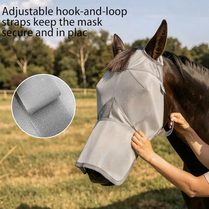 Raelitego Horse Fly Mask with Ears no Nose, Breathable Mesh UV Protect (L) - size: L