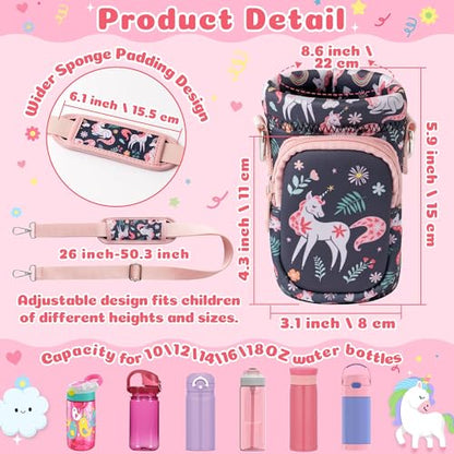 Water Bottle Carrier Bag with Strap for Kids - Water Bottle Bag Holder with Padded Strap Pocket 10/12/14/16/18Oz for Boys Girls School Walking Hiking Camping - style: Magic Horse