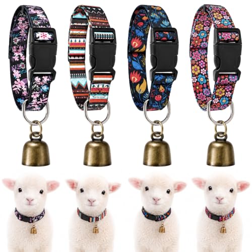 4 Pack Goat Collars with Bells, Sheep Grazing Copper Bells and Adjustable Nylon Collar Set Loud Bronze Bell Small Farm Animal Sheep Cow Accessories (Retro Pattern) - style: Retro Pattern
