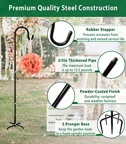 Adjustable Outdoor Shepherd Hook Stand with 5 Prong Base, 76 Inches Tall 3/5 in Thick, Shiny Black (2 Packs) - size: 76in-2pcs