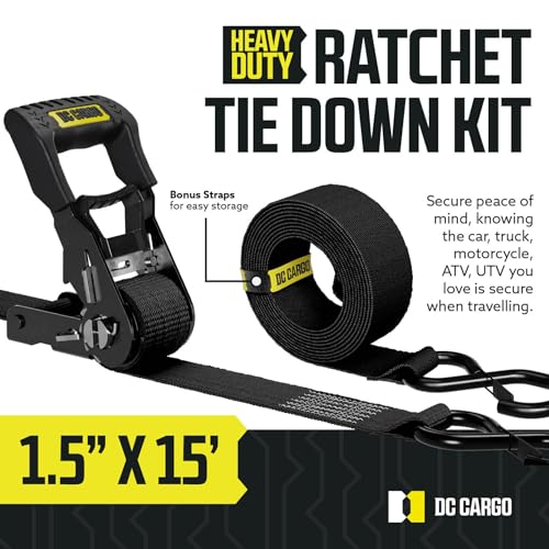 DC Cargo Mall Ratchet Straps Tie Downs 4 Pack (5,000 LB Break Strength) 1.5" x 15 Feet Tie Down Straps with Safety Lock S Hooks for Cargo, Trucks, Appliances, Moving. - size: 1.5" x 15' Kit