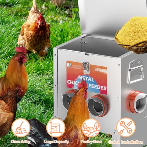 HAYOHRT Automatic Chicken Feeder No Waste 25 Pounds 4 Ports Metal Poultry Feeder with Latch & Handle for Chickens Bantams Pheasants Poultry Coop Weatherproof - size: 4 Ports - 25 lBS