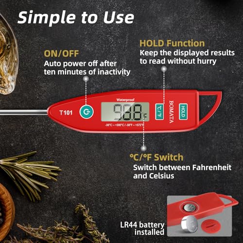 BOMATA Digital Water Thermometer for Liquid, Meat, Cooking, IPX7 Waterproof - color: Red