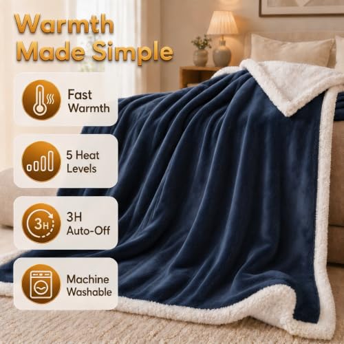 Heated Blanket Electric Throw Size 50''x60'' with 5 Heating Levels, 3 Hour Auto Shut Off, Machine Washable, Flannel & Sherpa Double-Sided Soft Warming Blanket for Couch, Bed, Office - Navy Blue - color: 05-navy Blue, size: 50''x60''(Throw)
