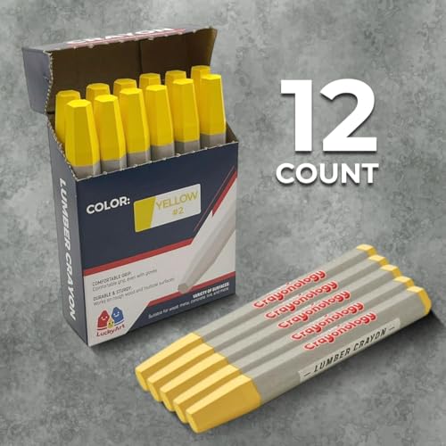 Lumber Crayons – Yellow, Pack of 12 | Hexagonal Construction Marking Crayons for Wood, Concrete, Asphalt, Metal | Durable, Smudge-Free, Break-Resistant - color: Yellow