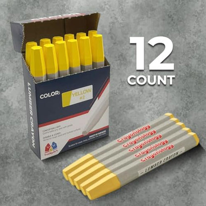 Lumber Crayons – Yellow, Pack of 12 | Hexagonal Construction Marking Crayons for Wood, Concrete, Asphalt, Metal | Durable, Smudge-Free, Break-Resistant - color: Yellow
