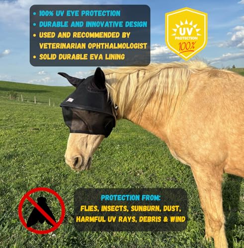 Solar Vizor Horse Fly Mask with Ears (Size COB), 100% UV Eye Protection for Horses with Uveitis, Photosensitivity, Ulcer, Head Shaking, Solid Durable EVA Lining Across The top Half of The Solar Vizor - size: COB