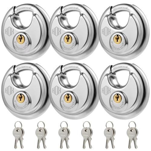 HOX Keyed Disc Padlock, Stainless Steel Keyed-Alike Padlocks, 6-Pack Heavy Duty Locks, Waterproof Outdoors Lock with 3/8 Inch Shackle, 2-3/4 Inch Wide Body, for Hasp Latch, Fences, Storage Locker - color: DP-6P
