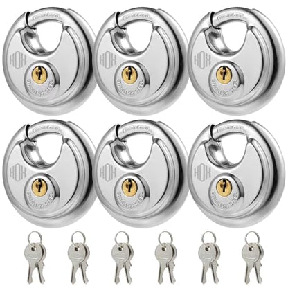 HOX Keyed Disc Padlock, Stainless Steel Keyed-Alike Padlocks, 6-Pack Heavy Duty Locks, Waterproof Outdoors Lock with 3/8 Inch Shackle, 2-3/4 Inch Wide Body, for Hasp Latch, Fences, Storage Locker - color: DP-6P