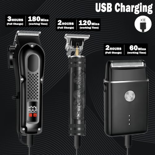 3-in-1 Hair Clippers for Men with LED, Beard Trimmer & Foil Shaver | Cordless USB Rechargeable Haircut Kit: 8 Guide Combs, T-Blade Detailing, Low-Noise, Nick-Free, Gift-Ready.