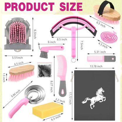 Abbylike 12 Pieces Horse Grooming Kit Equine Care Brushes, Pink and Grey - color: Gray