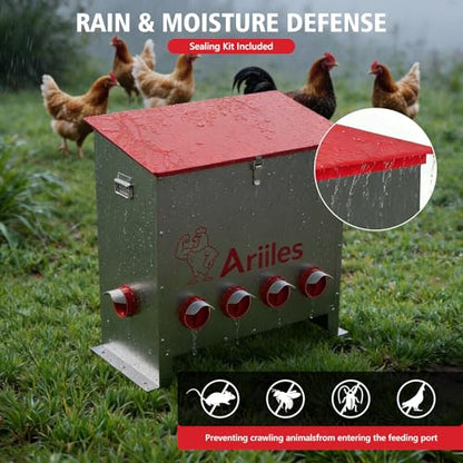 Automatic Chicken Feeder Box, 120lb Capacity, 10 No-Waste Ports, Metal Poultry Feeder with Covered Lid & Elevated Stand, Feed Dispenser for Chickens, Ducks & Backyard - size: 120 LB
