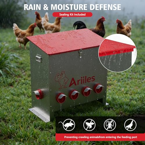 100lb Automatic Chicken Feeder with 6 No-Waste Ports, Metal Poultry Feeder with Elevated Stand & Weatherproof Lid, Large Feed Dispenser for Chickens, Ducks & Backyard Poultry - size: 100 LB