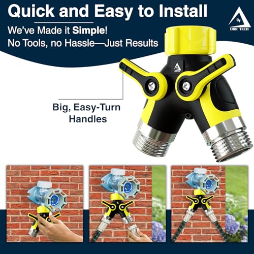 DBR Tech® Hose Splitter 2 Way, Heavy Duty Metal Connector, Two Way Garden Hose Splitter, High Flow Spigot Faucet Bib Adapter, Solid Double Y Shut Off Valve for Outdoor Gardening Hoses, Yellow - color: Yellow