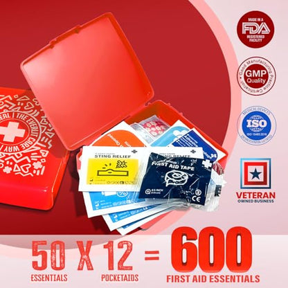 EVERLIT Pocket-Aid Mini First Aid Kit | Compact, Portable Hard-Shell Cases of 50 Items | Cuts, Scrapes, Wound Care Essentials for Travel, Outdoor, School, Camping, Home, Office (12 Packs | 600 Pcs) - size: 12 Packs | 600 Pcs