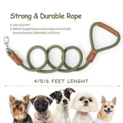 Mile High Life Dog Leash with Genuine Leather-Wrapped Ends/Handle, 4/5/6FT - color: Olive Green, size: 48 Inch-1/2"