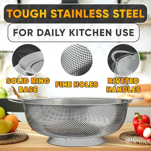 Stainless Steel Strainer for Rice With Handles, Fine Holes, 5 Qt
