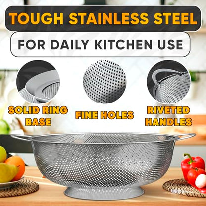 Stainless Steel Strainer for Rice With Handles, Fine Holes, 5 Qt