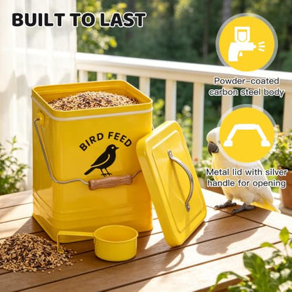 Bird Seed Storage Container, Airtight Metal Bird Food Canister Holds 5-6 LBS Wild Bird Feed, Metal Bird Feed Tin with Wooden Handle & Measuring Scoop, Dry Pet Snack & Grain Storage Bin - color: Yellow